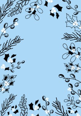 Vektör. Mutlu Noeller ve mutlu yeni yıl çiçekleri, metin için fotokopi alanı. Noel kartları için kırsal çerçeve şablonu, düğün davetiyeleri, parti davetiyeleri. Elle çizilmiş çizim.