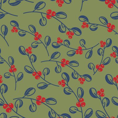 Vektör. Mutlu Noeller, ökseotu yaprakları, böğürtlenleri ve kutsal dalları olan kusursuz yeni yıl şablonu. Kusursuz bir kış geçmişi. Paket kağıdı, tebrik kartı, tekstil, markalaşma için tasarım.