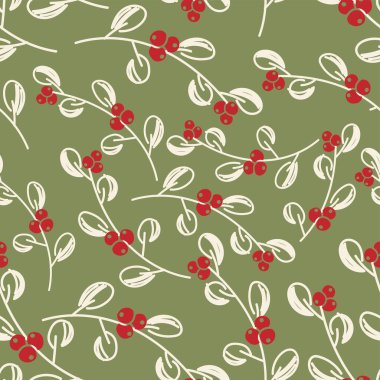 Vektör. Mutlu Noeller, ökseotu yaprakları, böğürtlenleri ve kutsal dalları olan kusursuz yeni yıl şablonu. Kusursuz bir kış geçmişi. Paket kağıdı, tebrik kartı, tekstil, markalaşma için tasarım.