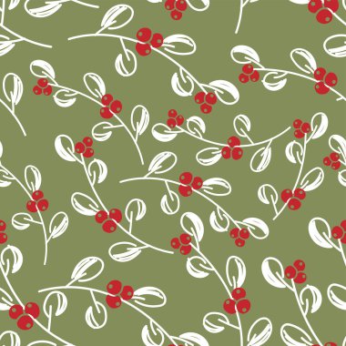 Vektör. Mutlu Noeller, ökseotu yaprakları, böğürtlenleri ve kutsal dalları olan kusursuz yeni yıl şablonu. Kusursuz bir kış geçmişi. Paket kağıdı, tebrik kartı, tekstil, markalaşma için tasarım.