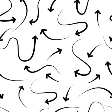 Vektör grafikleri. El çizimi basit oklar. Siyah ve beyaz tek renkli, dikişsiz desen. İş dünyası için: bilgi grafikleri, pankartlar, web siteleri, kapak ve kavramsal tasarım.