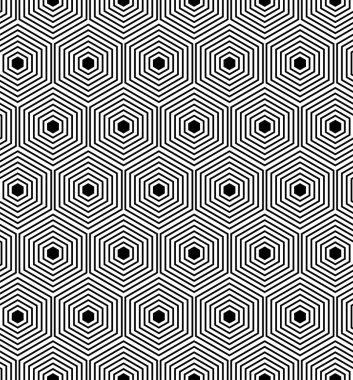 Vektör çizimi. Altıgen konturun dokusu. Siyah ve beyaz geometrik kusursuz desen. Mozaik soyut arka plan. Altıgen tekrarlayan geometrik çokgen dokusu.