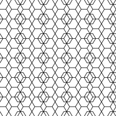 Vektör çizimi. Altıgen konturun dokusu. Siyah ve beyaz geometrik kusursuz desen. Mozaik soyut arka plan. Altıgen tekrarlayan geometrik çokgen dokusu.