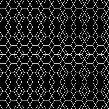Vektör çizimi. Altıgen konturun dokusu. Siyah ve beyaz geometrik kusursuz desen. Mozaik soyut arka plan. Altıgen tekrarlayan geometrik çokgen dokusu.