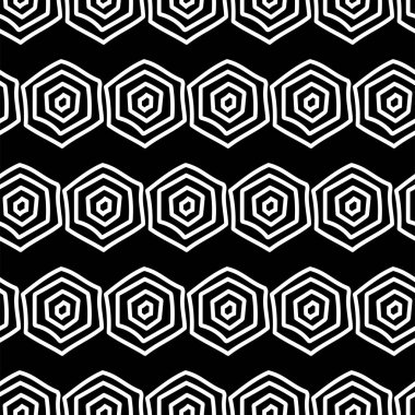 Vektör. Altıgen konturun dokusu. Siyah ve beyaz geometrik kusursuz desen. Mozaik soyut arka plan. Altıgen tekrarlayan el çizilmiş geometrik çokgen dokusu.