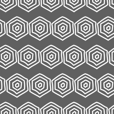 Vektör. Altıgen konturun dokusu. Gri ve beyaz geometrik kusursuz desen. Mozaik soyut arka plan. Altıgen tekrarlayan el çizilmiş geometrik çokgen dokusu.