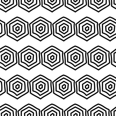 Vektör. Altıgen konturun dokusu. Siyah ve beyaz geometrik kusursuz desen. Mozaik soyut arka plan. Altıgen tekrarlayan el çizilmiş geometrik çokgen dokusu.