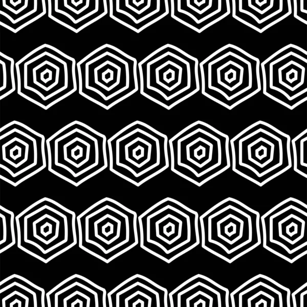 Vektör. Altıgen konturun dokusu. Siyah ve beyaz geometrik kusursuz desen. Mozaik soyut arka plan. Altıgen tekrarlayan el çizilmiş geometrik çokgen dokusu.