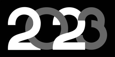 Vektör. Yeni yılın kutlu olsun 2023 logo metin tasarımı. 2023 basım logolu şablonlar tasarla. 2023 mutlu yeni yıl sembolleri koleksiyonu. Markalaşma, afiş, kapak, kartpostallar için minimalizm. Çember