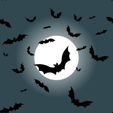 Vektör. Gece, dolunay ve yarasalar, kusursuz desen. Renkli korkutucu Cadılar Bayramı çizimi. Cadılar Bayramı parti davetiyesi için arka plan modeli. Mutlu Cadılar Bayramı baskıları. Ses düzeyi resmi.