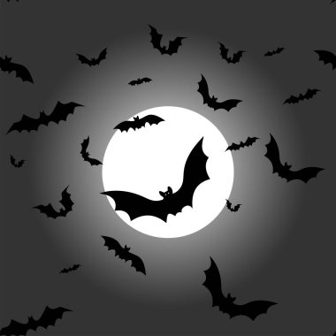 Vektör. Gece, dolunay ve yarasalar, kusursuz desen. Renkli korkutucu Cadılar Bayramı çizimi. Cadılar Bayramı parti davetiyesi için arka plan modeli. Mutlu Cadılar Bayramı baskıları. Ses düzeyi resmi.