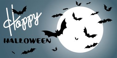 Vektör. Gece, dolunay ve yarasalar, yatay bayrak, arka plan. Renkli korkutucu Cadılar Bayramı çizimi. Cadılar Bayramı partisi davetiye kopyası. Metin tasarımı. Ses düzeyi resmi.