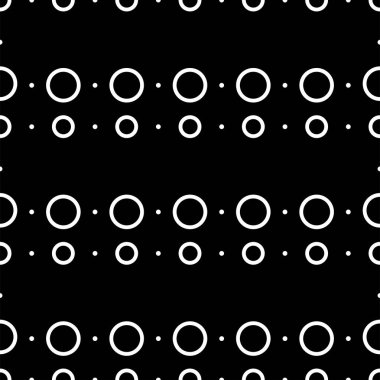 Vektör çizimi. Geometrik dikişsiz desen. Düz noktalar ve doğrusal çemberler. Benekli gri, siyah beyaz arka plan. Basit monokrom soyut desen.