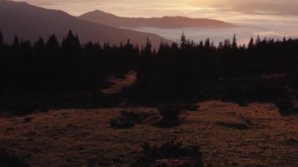 Amanecer dorado con rayos de sol en un gran paisaje montañoso — Vídeos de Stock