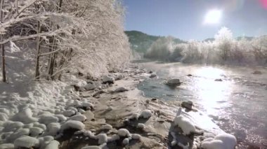Güneşli bir sabahta kış nehri. Doğada sessizlik.