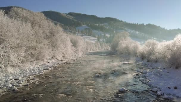 Winter-Gebirgsfluss an einem sonnigen Morgen. Stille in der Natur — Stockvideo