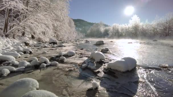 Winter-Gebirgsfluss an einem sonnigen Morgen. Stille in der Natur — Stockvideo