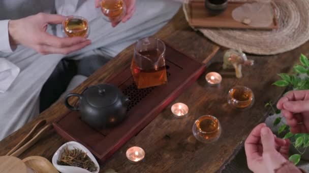 Beautiful chinese tea ceremony with candle and decoration — Stock Video