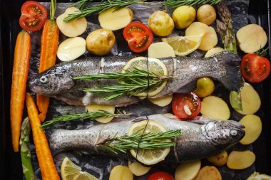 Izgara deniz levreği, aromatik otlar, baharatlar ve sebzeler. Diyet için sağlıklı deniz ürünleri, üst görünüm