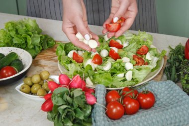 Sağlıklı yemek ve sebze salatası, marul, domates ve mozzarella. Beyaz kırsal ahşap masada yakın plan vejetaryen çeşitliliği