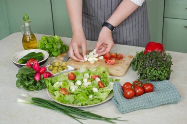 Sağlıklı yemek ve sebze salatası, marul, domates ve mozzarella. Beyaz rustik ahşap masadaki vejetaryen çeşidi.