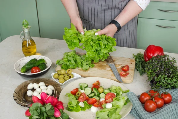 Sağlıklı yemek ve sebze salatası, marul, domates ve mozzarella. Beyaz rustik ahşap masadaki vejetaryen çeşidi.