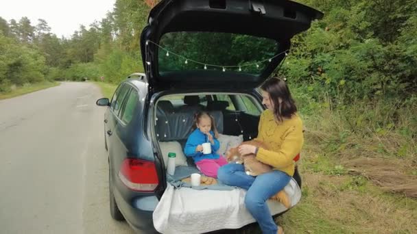 Madre Con Figlioletta Seduta Nel Bagagliaio Dell Auto Con Gatto — Video Stock