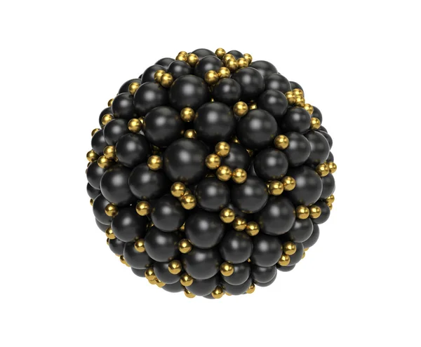 Renkli kürelerden yapılmış üç boyutlu, soyut geometrik yuvarlak şekil birbirine bağlı. Siyah ve altın diyarları, beyaz arkaplanda izole elementler.