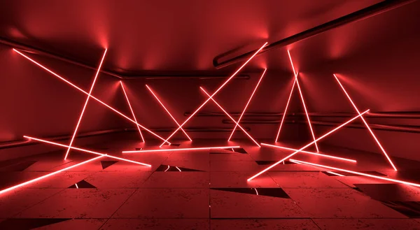 Sci Futuristico Neon Laser Garage Room Con Acqua Rossa Cyber — Foto Stock