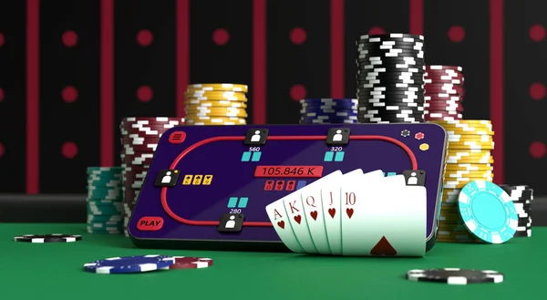 Çevrimiçi poker. Akıllı telefon ya da cep telefonu, poker fişi, kumarhanede yeşil bir masanın üzerindeki kartlar. 3B illüstrasyon