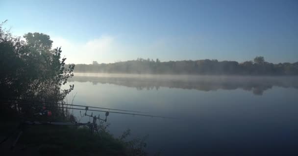 Catching Fish Fishing Rod Lake Flickering Sunlight Reflected — Stock Video