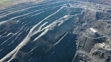 Taş ocağı maden ocağı kamyonları metalürjik üretim büyük çukur manzaralı insansız hava aracı.