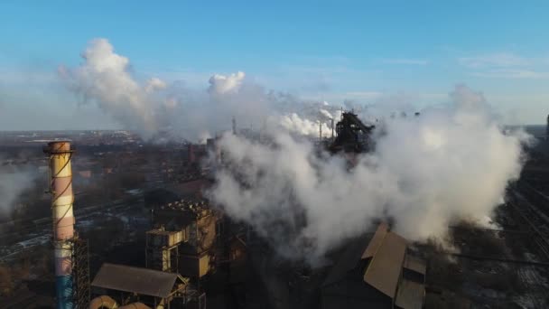 Metallurgical Plant Smoke Chimneys Shooting Drone Height Ecology — Stock Video