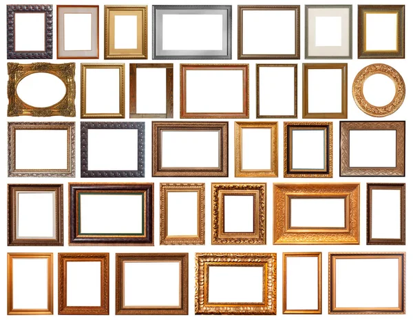 Set Fotolijsten Geïsoleerd Witte Achtergrond Retro Vergulden Goud Zilver Antiek — Stockfoto