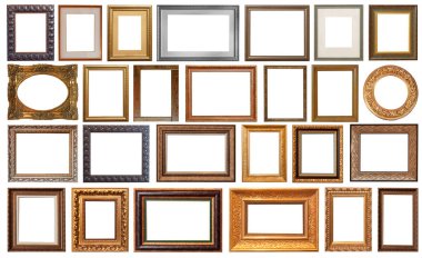 Resim çerçevelerini beyaz arka planda izole et altın kaplamalı gümüş antika