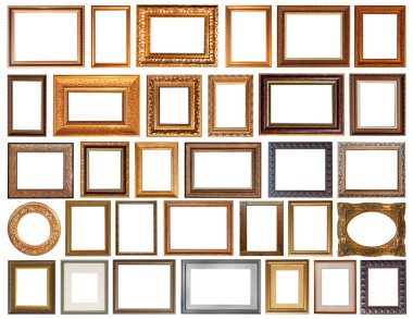 İzole edilmiş antika çerçeveler altın yaldızlı gümüş kaplama beyaz arka planda