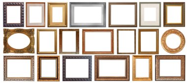 Resim çerçevelerini beyaz arka planda izole et altın kaplamalı gümüş antika