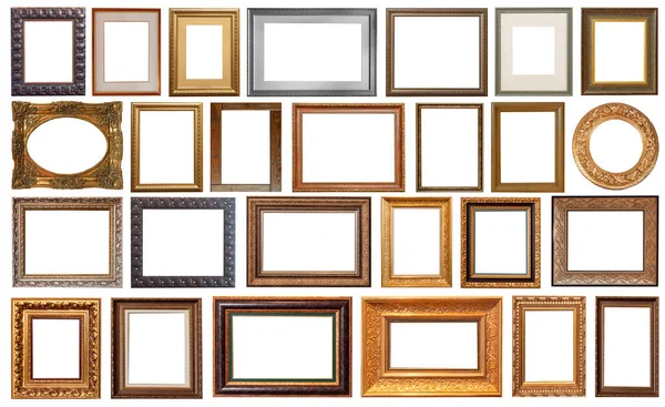 Set Fotolijsten Geïsoleerd Witte Achtergrond Retro Vergulden Goud Zilver Antiek — Stockfoto