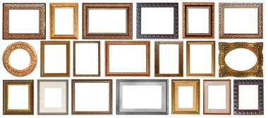 İzole edilmiş antika çerçeveler altın yaldızlı gümüş kaplama beyaz arka planda