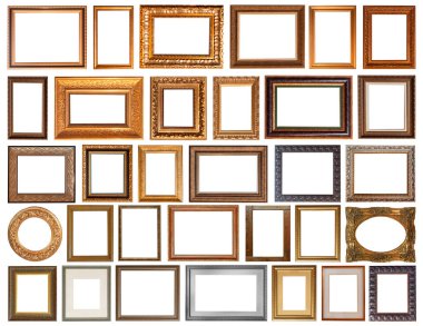 İzole edilmiş antika çerçeveler altın yaldızlı gümüş kaplama beyaz arka planda