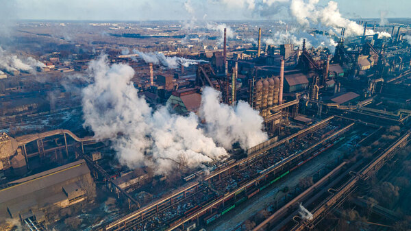 metallurgical plant smoke from chimneys industry drone photography