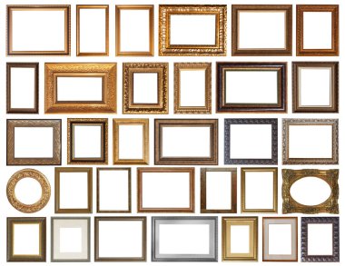 İzole edilmiş antika çerçeveler altın yaldızlı gümüş kaplama beyaz arka planda