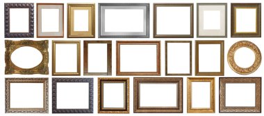 Resim çerçevelerini beyaz arka planda izole et altın kaplamalı gümüş antika