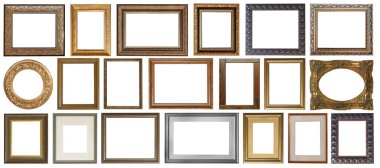 İzole edilmiş antika çerçeveler altın yaldızlı gümüş kaplama beyaz arka planda