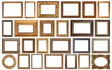 İzole edilmiş antika çerçeveler altın yaldızlı gümüş kaplama beyaz arka planda