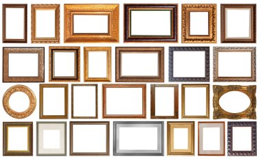 İzole edilmiş antika çerçeveler altın yaldızlı gümüş kaplama beyaz arka planda