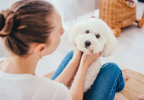Metres ve kaniş aşkı. Kız kameraya yan yan oturuyor, köpek kucağında ve yüzüne bakıyor. Hayvanlar için sevgi kavramı. 