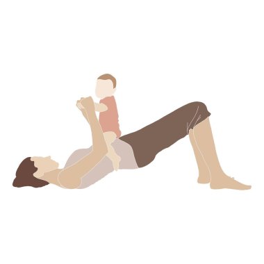 Anne ve çocuk beyaz arka planda izole edilmiş fiziksel egzersiz yapıyorlar. Sporcu bir kadın ya da bebekle yoga yapıyor. Sağlıklı yaşam tarzı 