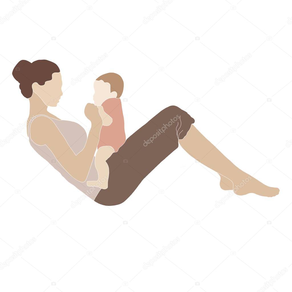 Mother and kid doing physical exercise isolated on white background. Sportswoman engaged in fitness or yoga with baby. Healthy lifestyle . High quality photo
