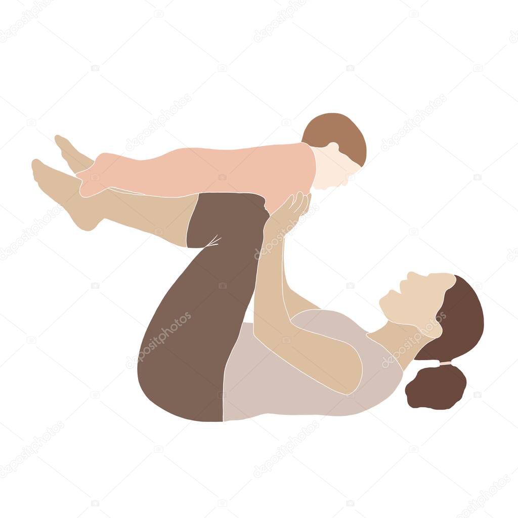 Mother and kid doing physical exercise isolated on white background. Sportswoman engaged in fitness or yoga with baby. Healthy lifestyle . High quality photo